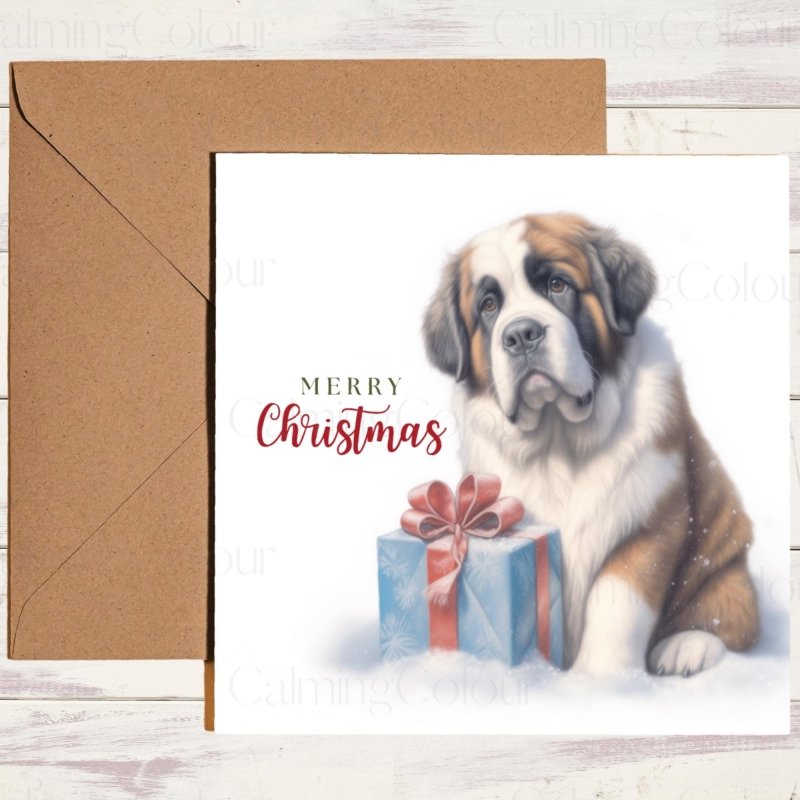 St. Bernard with Present | Christmas Card | Christmas Card