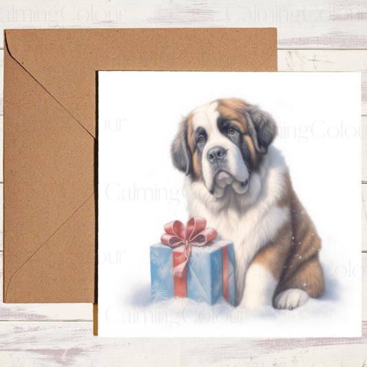 St. Bernard with Present | Christmas Card | Christmas Card