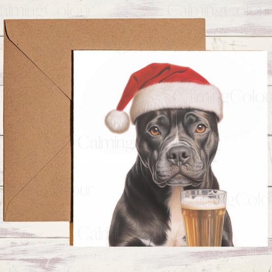 Staffordshire Bull Terrier with Pint & Santa Hat | Christmas Card | Christmas Card