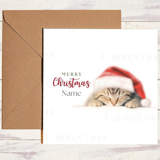 Tabby Cat Asleep in Santa Hat | Christmas Card | Christmas Card