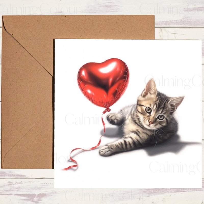 Tabby Cat with Heart Balloon | Valentine's Card | Valentine's Day