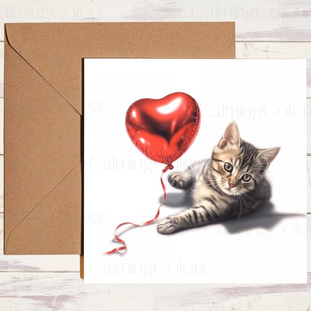 Tabby Cat with Red Balloon | Valentine's Card | With Love | Calming Colour