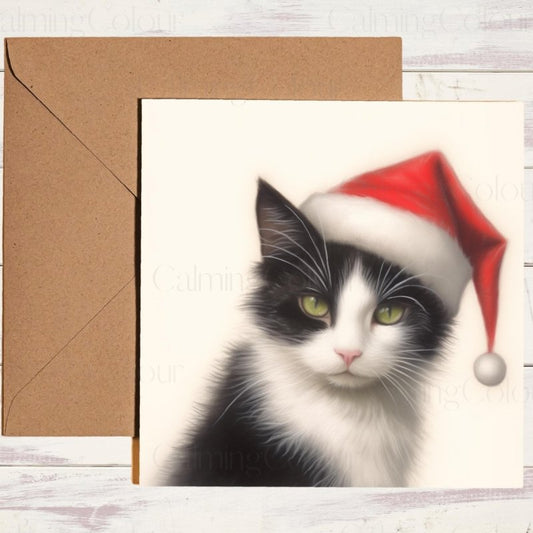 Tuxedo Cat in Santa Hat | Christmas Card | Christmas Card