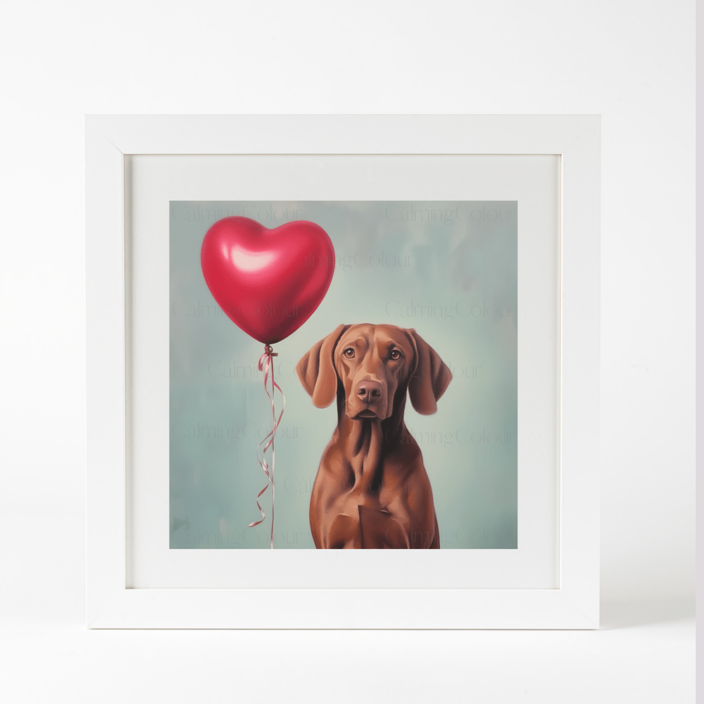 Vizsla with Red Balloon | Framed Art Print | Artwork - Framed Print
