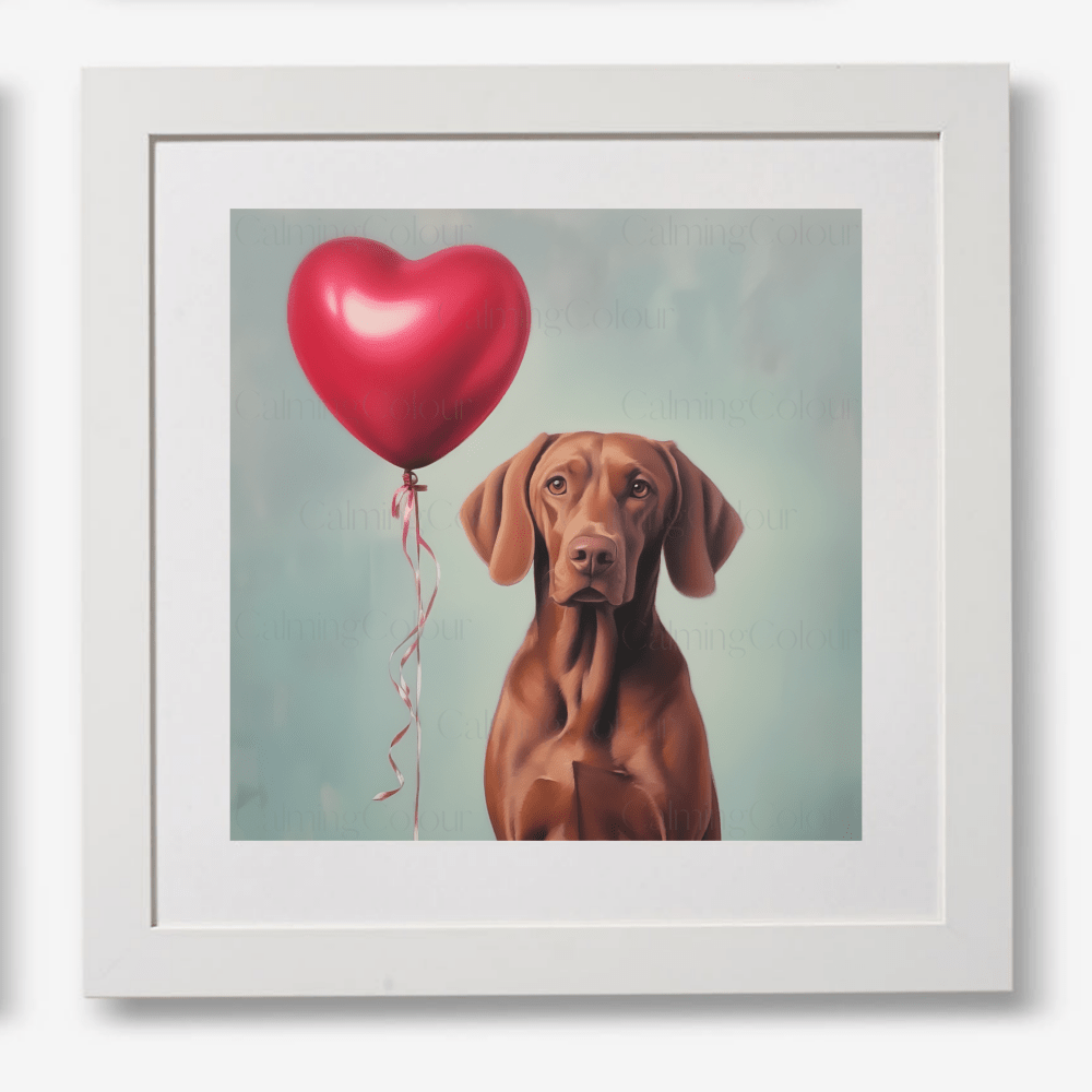 Vizsla with Red Balloon | Framed Art Print | Artwork - Framed Print