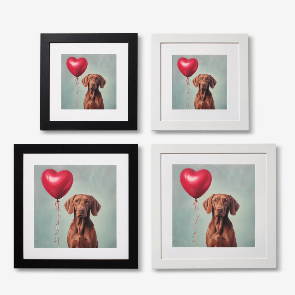 Vizsla with Red Balloon | Framed Art Print | Artwork - Framed Print