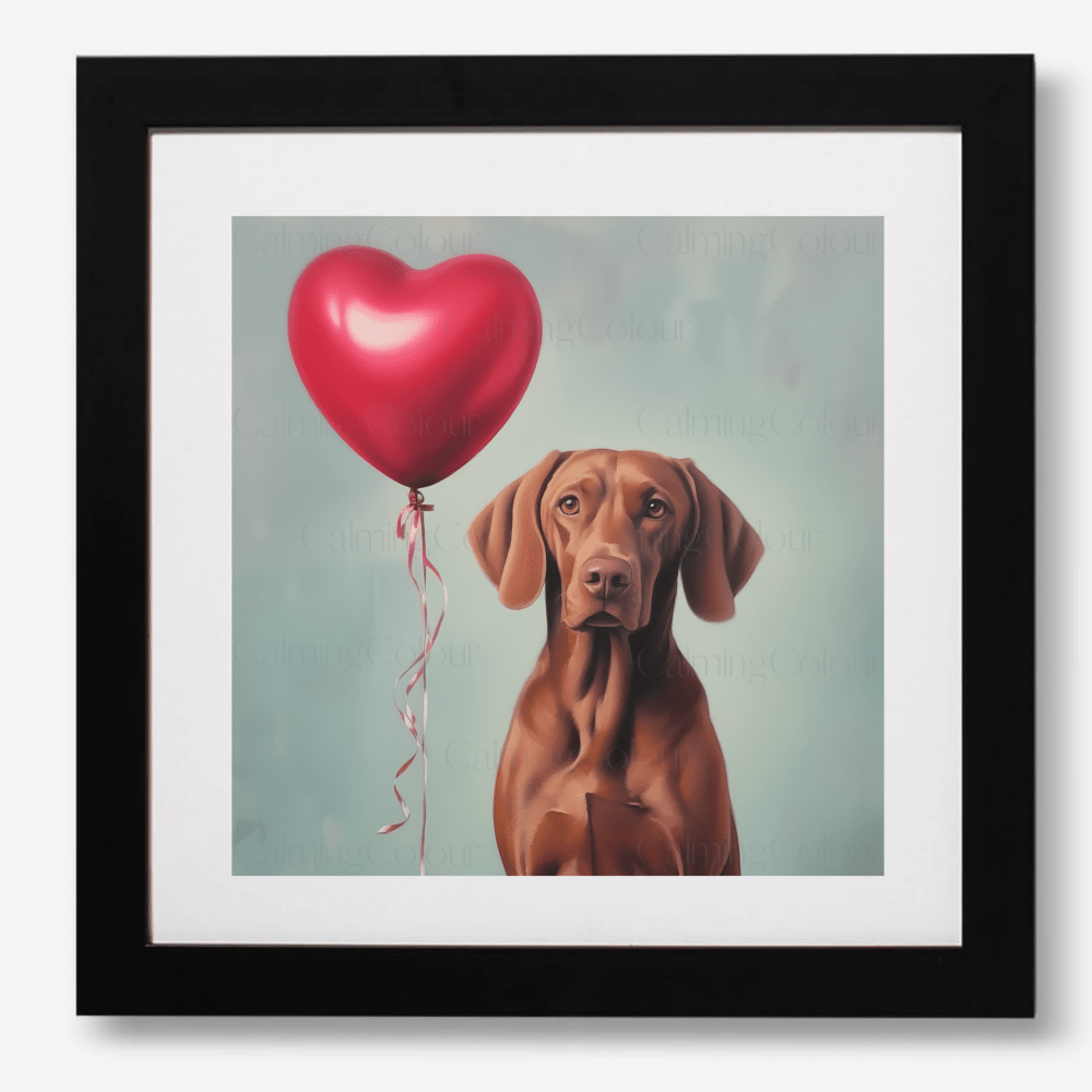 Vizsla with Red Balloon | Framed Art Print | Artwork - Framed Print