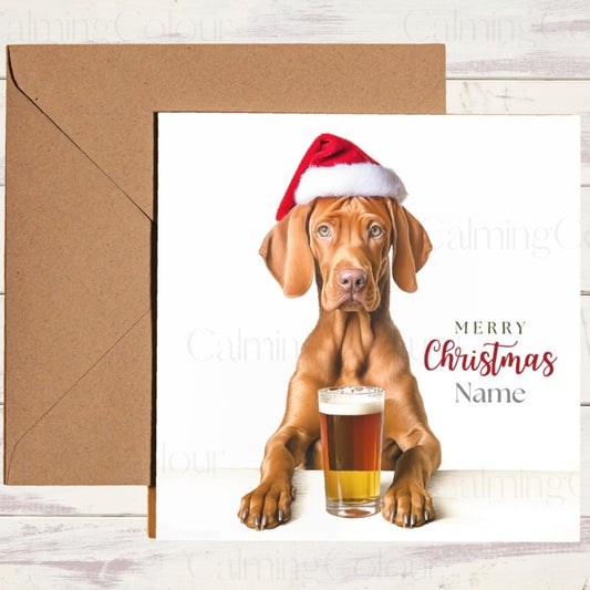 Vizsla with Santa Hat and Pint | Christmas Card | Christmas Card