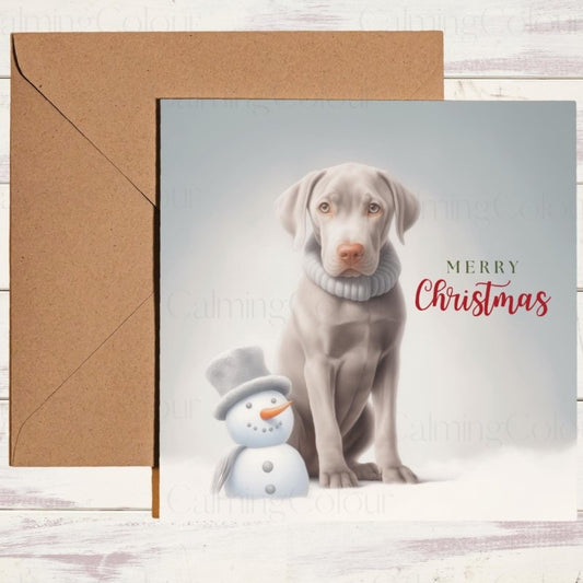 Weimaraner Puppy with Mini Snowman | Christmas Card | Christmas Card