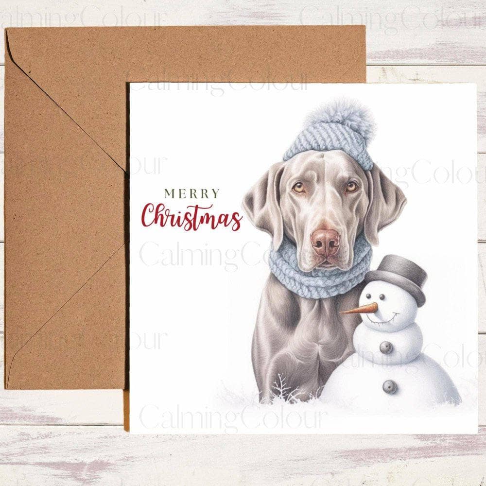 Weimaraner with Mini Snowman | Christmas Card | Christmas Card
