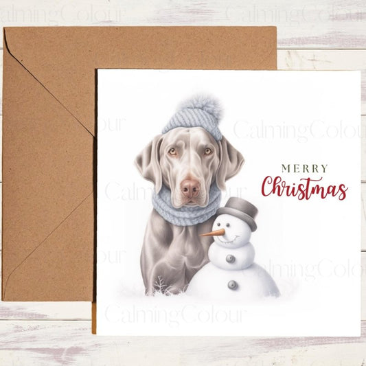 Weimaraner with Mini Snowman | Christmas Card | Christmas Card