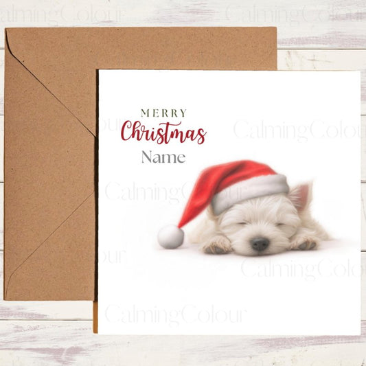 West Highland Terrier Sleeping in Santa Hat | Christmas Card | Christmas Card