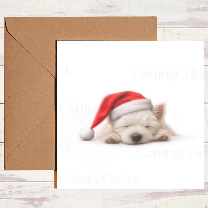 West Highland Terrier Sleeping in Santa Hat | Christmas Card | Christmas Card