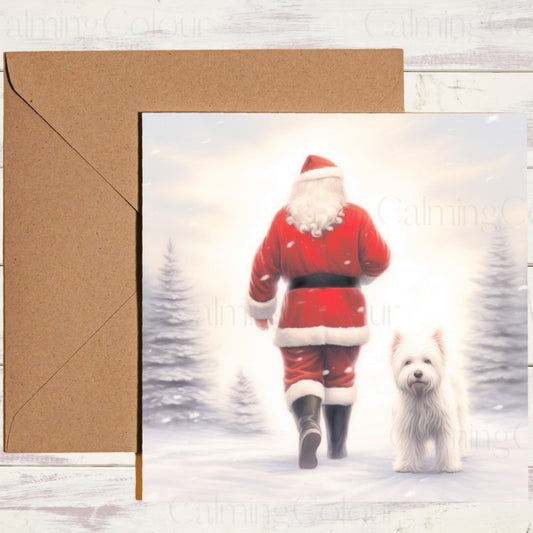 West Highland Terrier Walking with Santa Christmas Card | Christmas Card