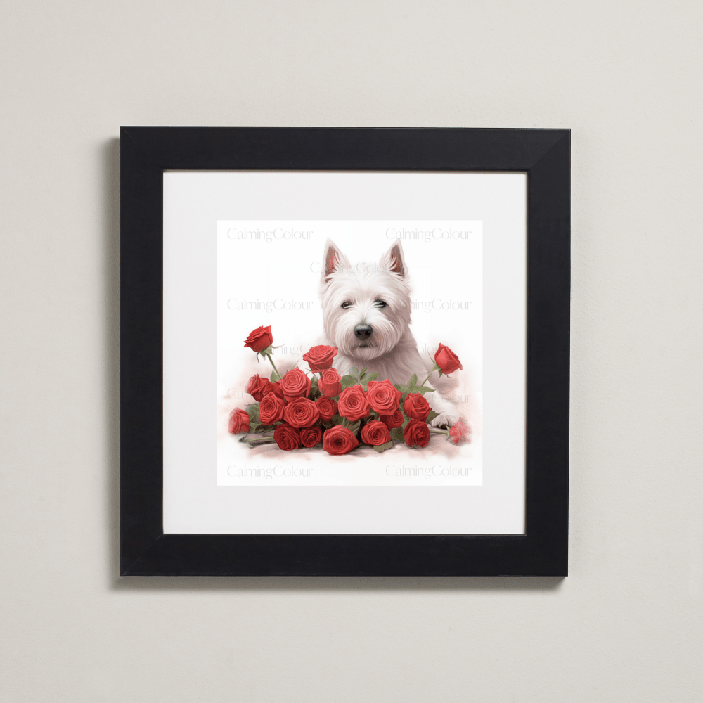 West Highland Terrier with Red Roses | Framed Art Print | Artwork - Framed Print