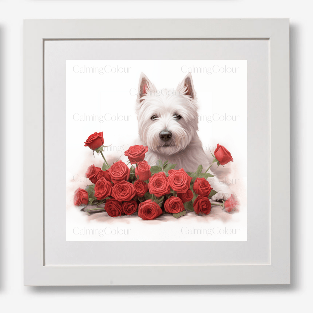 West Highland Terrier with Red Roses | Framed Art Print | Artwork - Framed Print