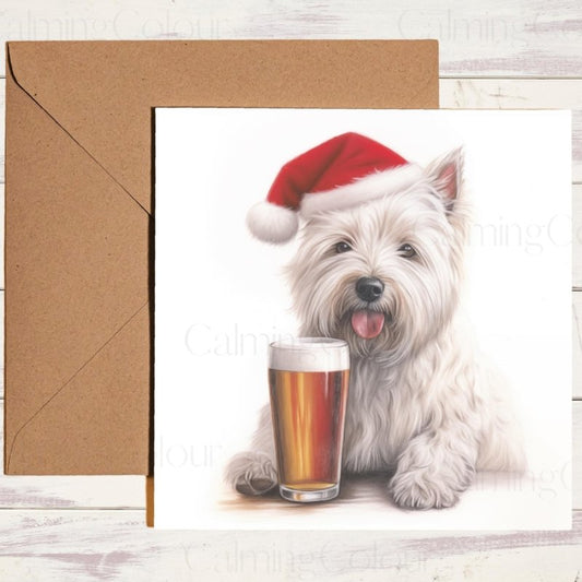 West Highland Terrier with Santa Hat & Pint | Christmas Card | Christmas Card