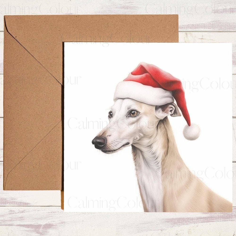 Whippet wearing Red Santa Hat | Christmas Card | Christmas Card