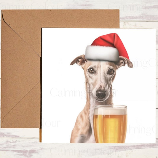 Whippet with Santa Hat and Pint | Christmas Card | Christmas Card