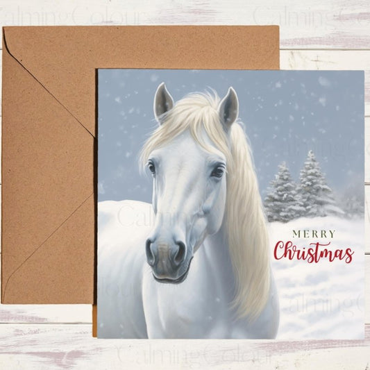 White Horse in the Winter Snow | Christmas Card | Christmas Card