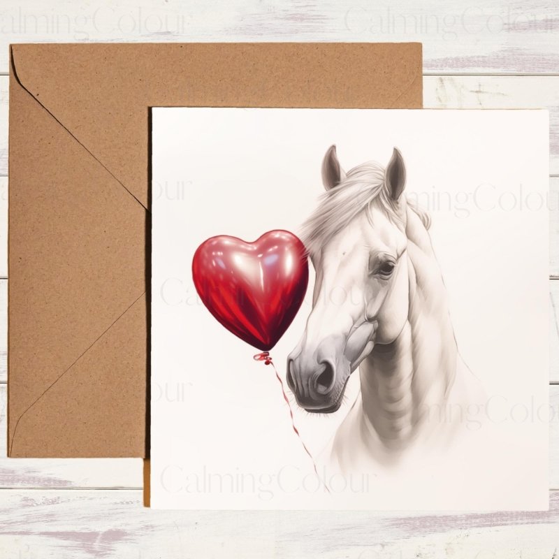 White Horse with Heart Balloon | Valentine's Card | Valentine's Day