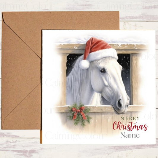 White Horse with Santa Hat | Christmas Card | Christmas Card