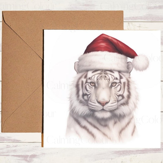 White Tiger with Santa Hat | Christmas Card | Christmas Card