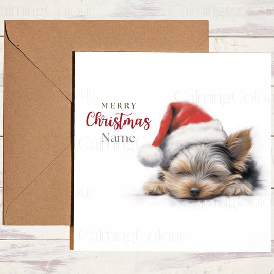 Yorkshire Terrier Asleep in Santa Hat | Christmas Card | Christmas Card