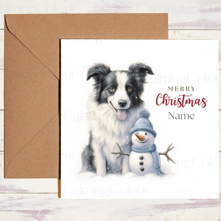 Personalised Border Collie with Snowman Christmas Card – Border Collie | Calming Colour