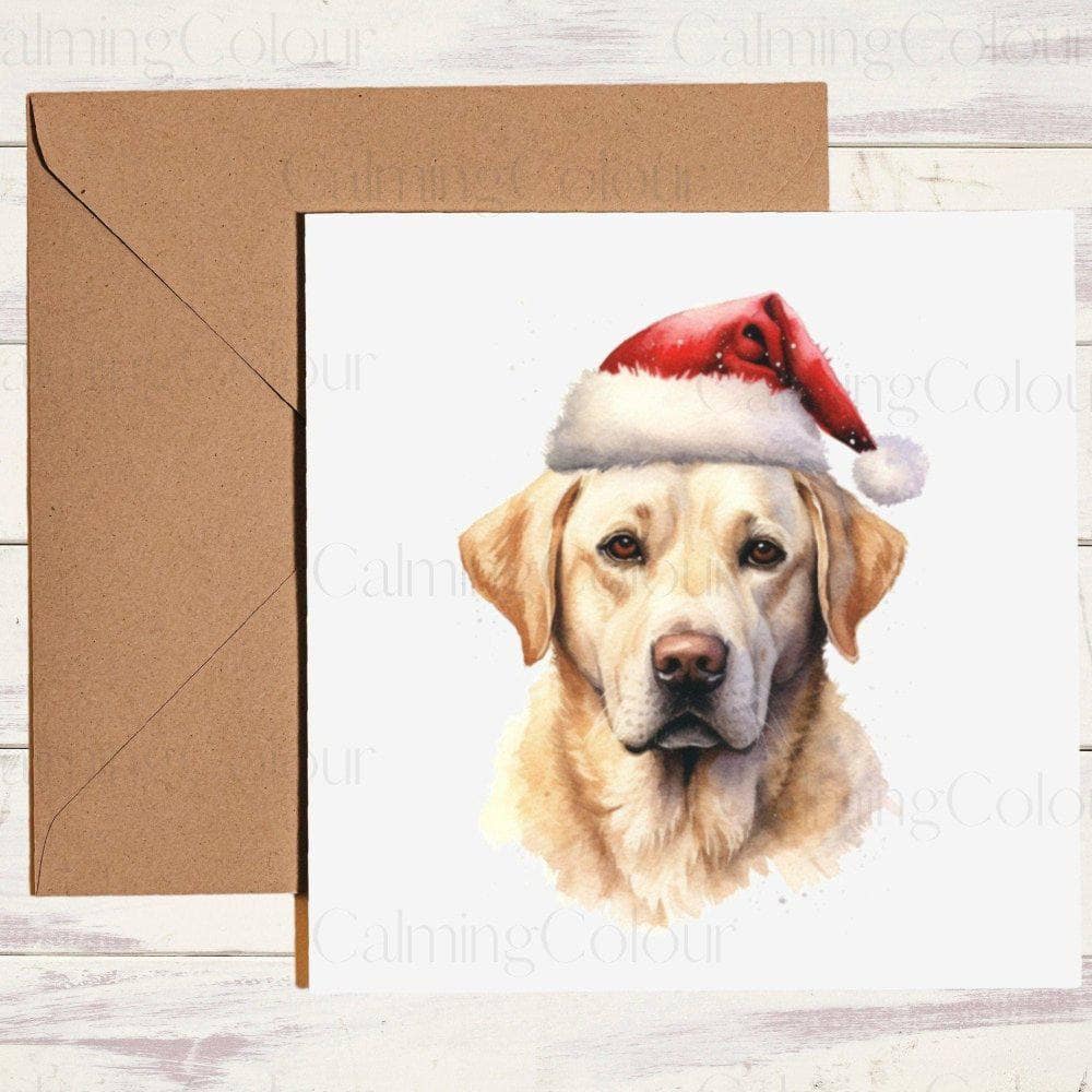 Golden Labrador wearing a red Santa hat Christmas card - Calming Colour