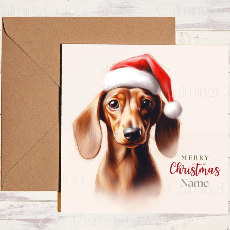 Personalised Dachshund Santa Hat Christmas Card – Dachshund | Calming Colour