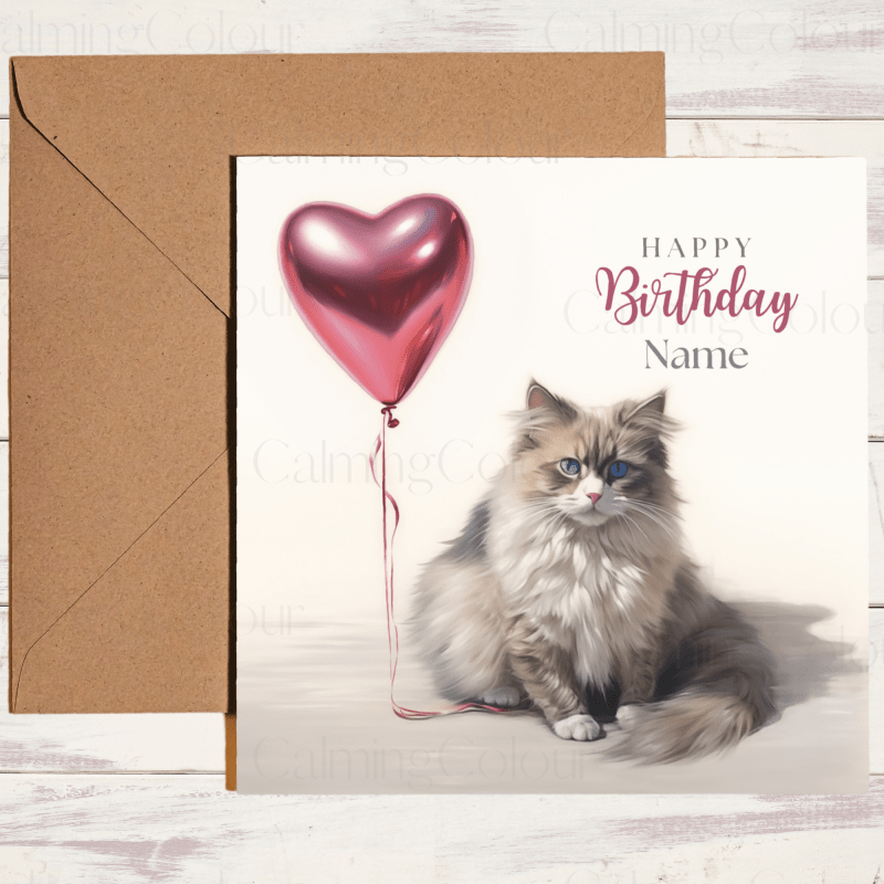 Personalised Ragdoll cat birthday card with red balloon - Calming Colour