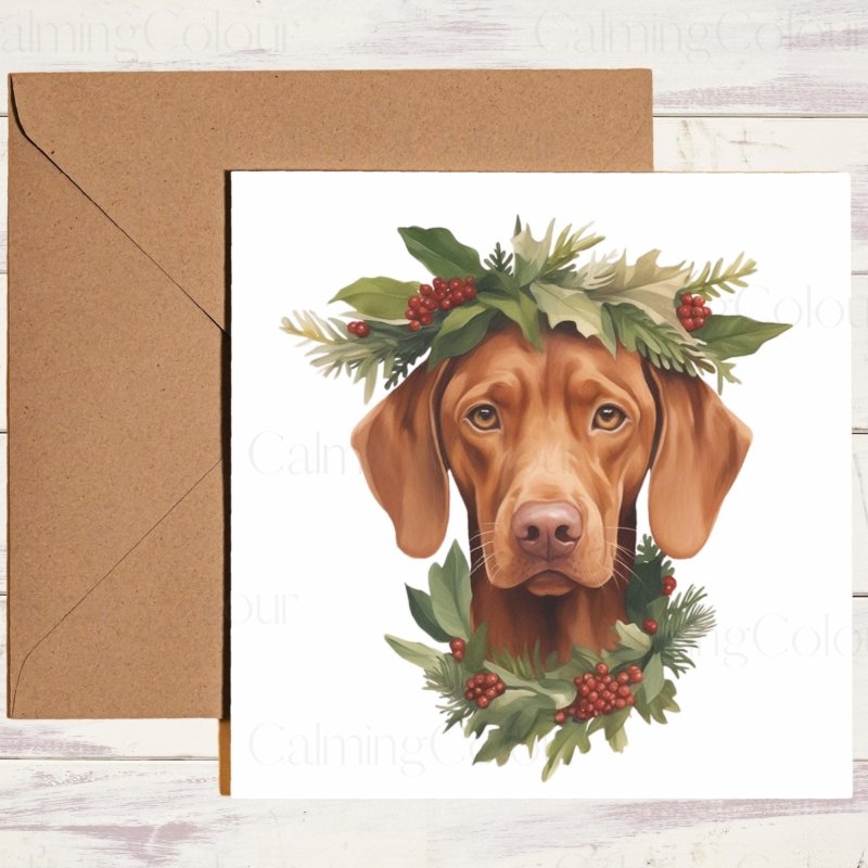 Vizsla with festive wreath Christmas card - Calming Colour