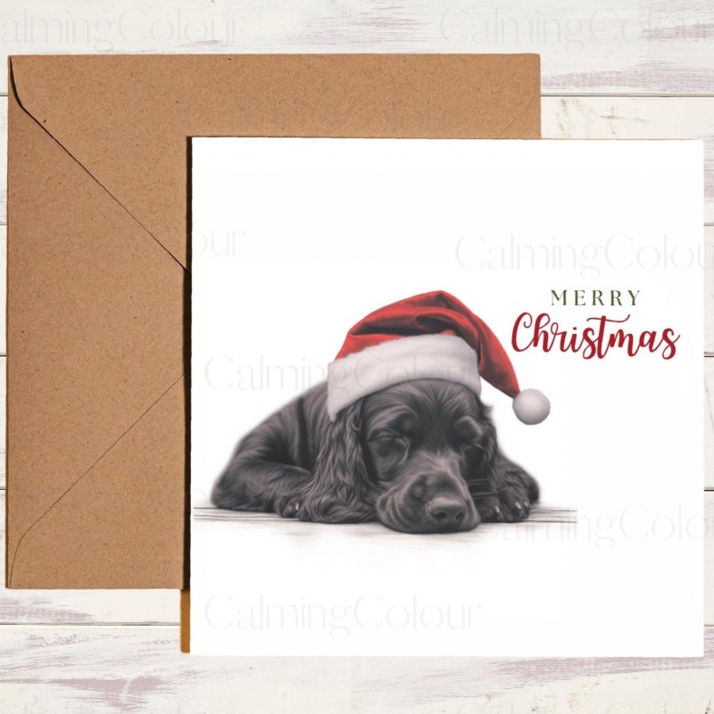 Adorable Black Cocker Spaniel in Santa Hat | Christmas Card | Christmas Card