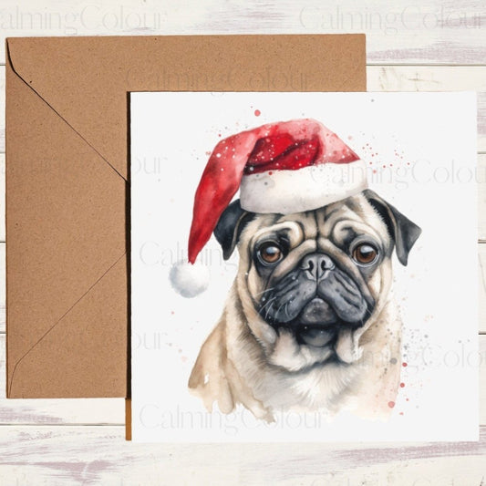 Pug at Christmas with Red Santa Hat | Christmas Card