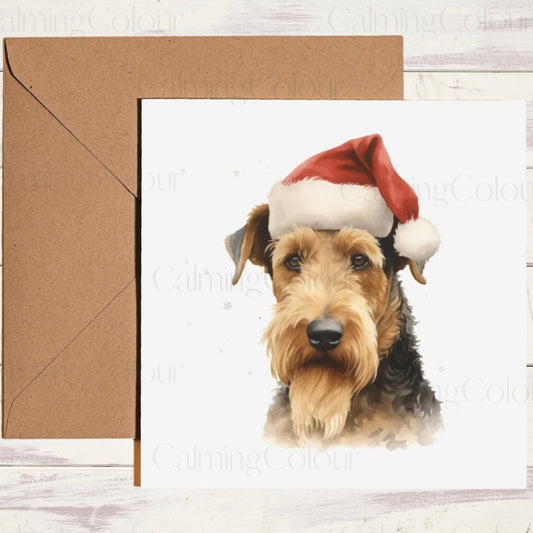 Airedale Terrier wearing Red Santa Hat | Christmas Card | Calming Colour