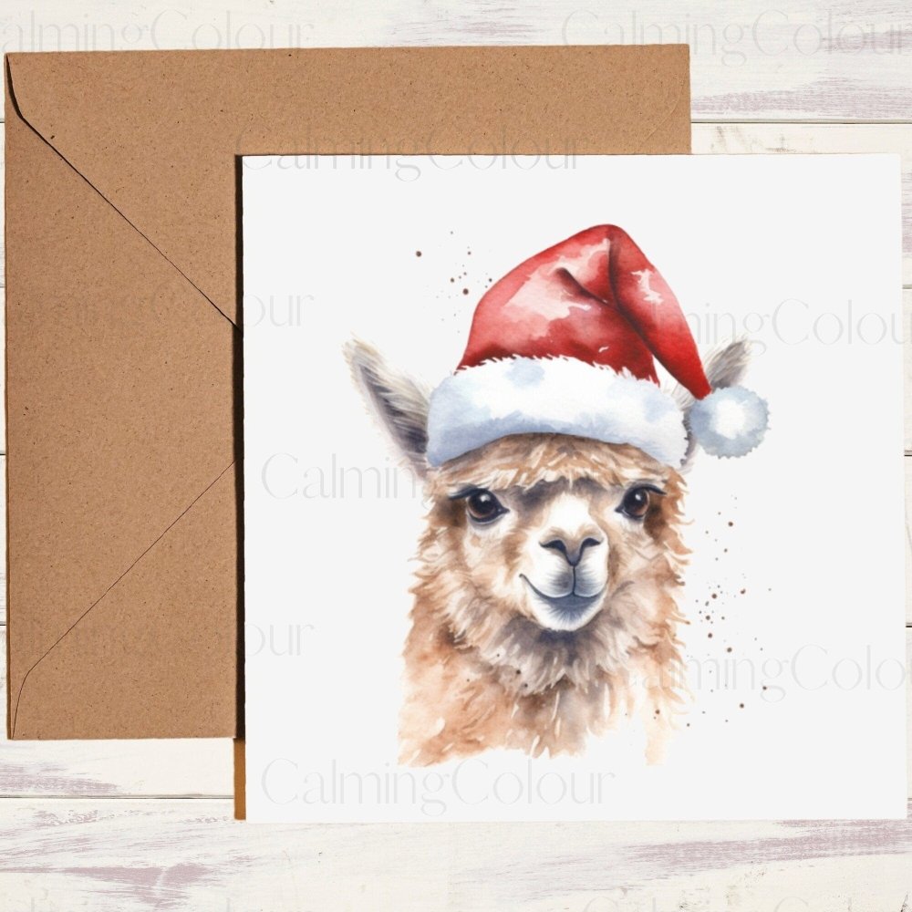 Alpaca wearing Red Santa Hat | Christmas Card | Calming Colour