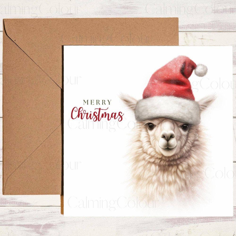 Alpaca wearing Red Santa Hat | Christmas Card | Calming Colour