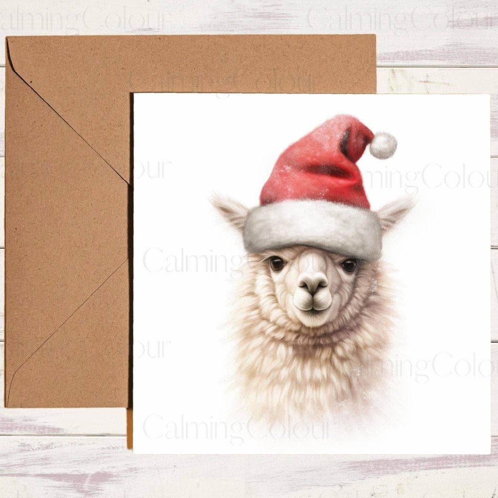 Alpaca wearing Red Santa Hat | Christmas Card | Calming Colour