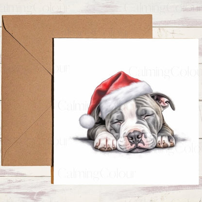 American Staffordshire Terrier Sleeping in Santa Hat | Christmas Card | Christmas Card