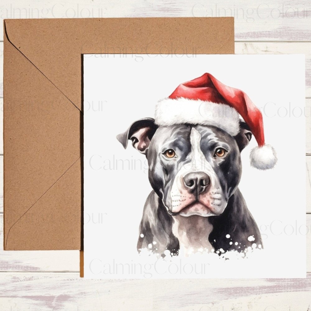 American Staffordshire Terrier wearing Red Santa Hat | Christmas Card | Calming Colour