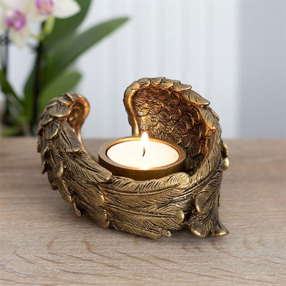 Antique Gold Angel Wing Tealight Candle Holder | Calming Colour