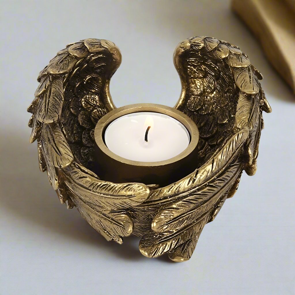 Antique Gold Angel Wing Tealight Candle Holder | Calming Colour