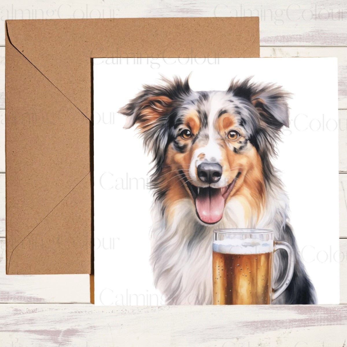 Australian Shepherd with Pint Glass | Greeting Card | Calming Colour