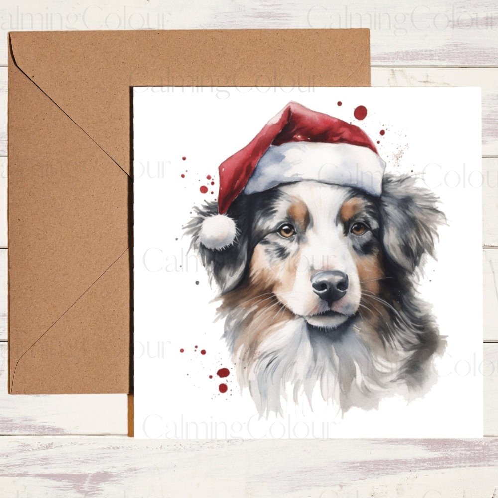 Australian Shepherd wearing Red Santa Hat | Christmas Card | Calming Colour