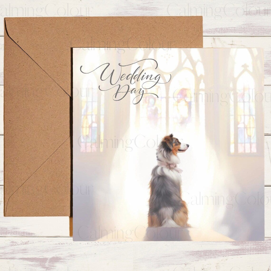 Australian Shepherd in Church | Wedding Card | Calming Colour