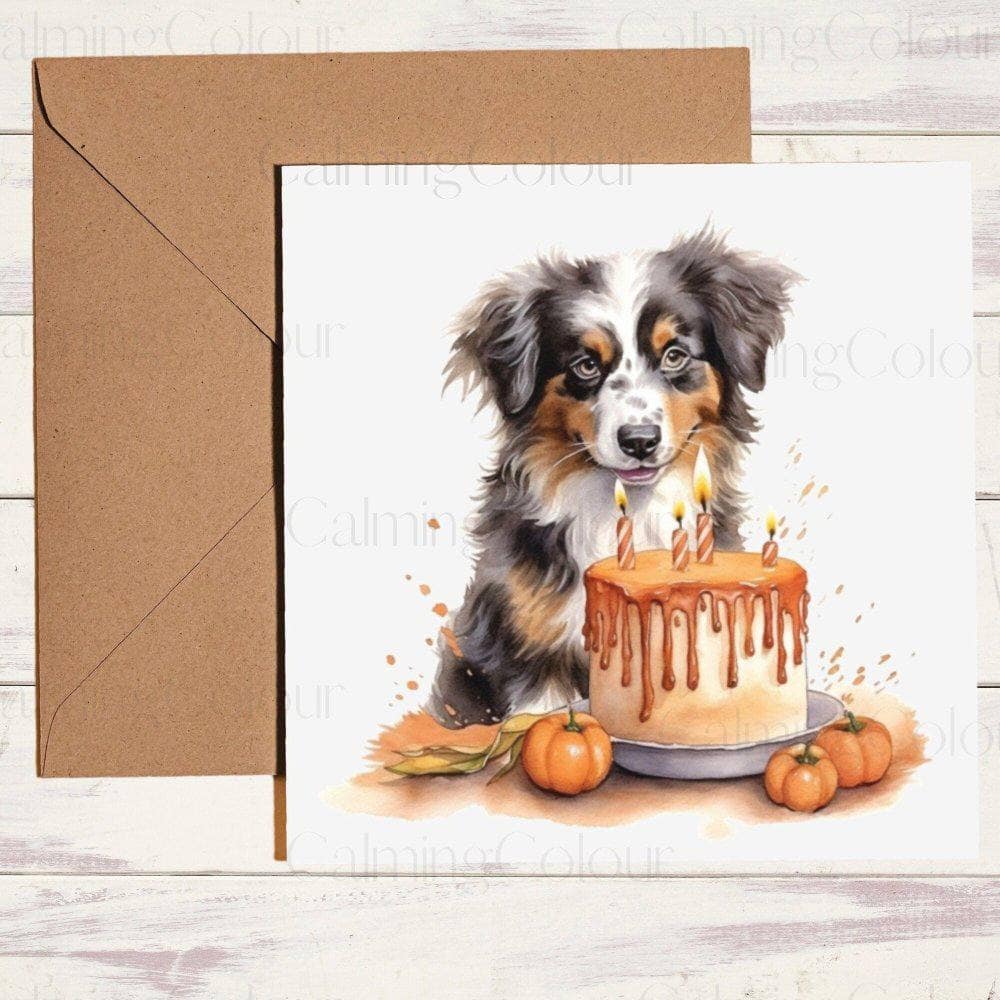 Australian Shepherd with Autumn Birthday Cake | Birthday Card | Calming Colour