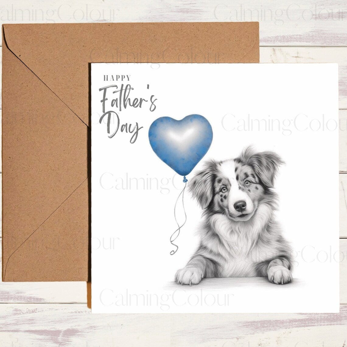 Australian Shepherd with Blue Balloon | Father's Day Card | Calming Colour