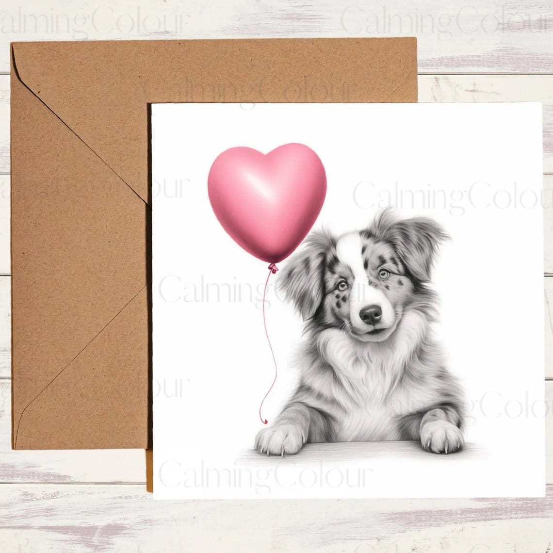 Australian Shepherd with Red Heart Balloon | Greeting Card | Calming Colour