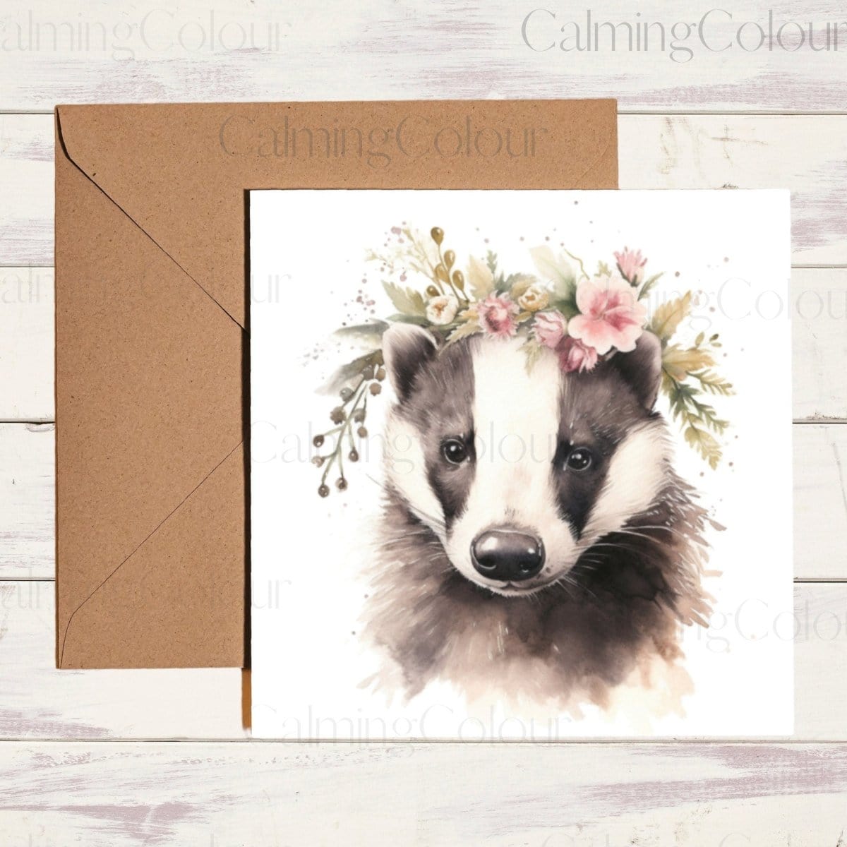 Badger wearing Floral Hat | Greeting Card | Calming Colour